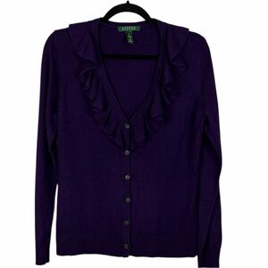Lauren Ralph Lauren Purple Silk Cashmere Ruffle Cardigan Sweater Medium